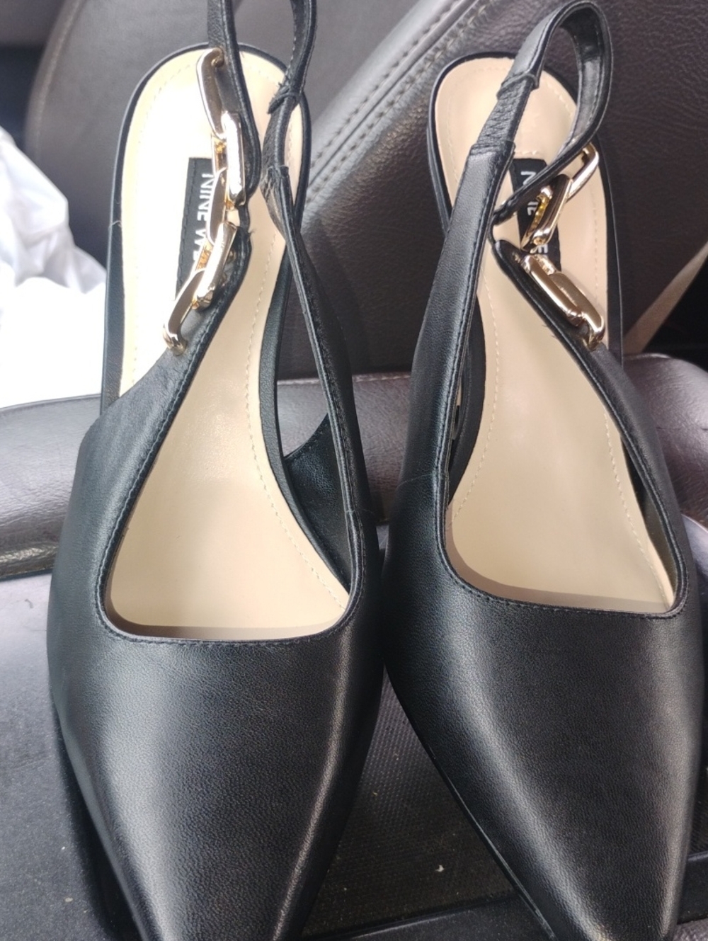 Nine West Black Pointed Slingback Pumps with Gold Accent